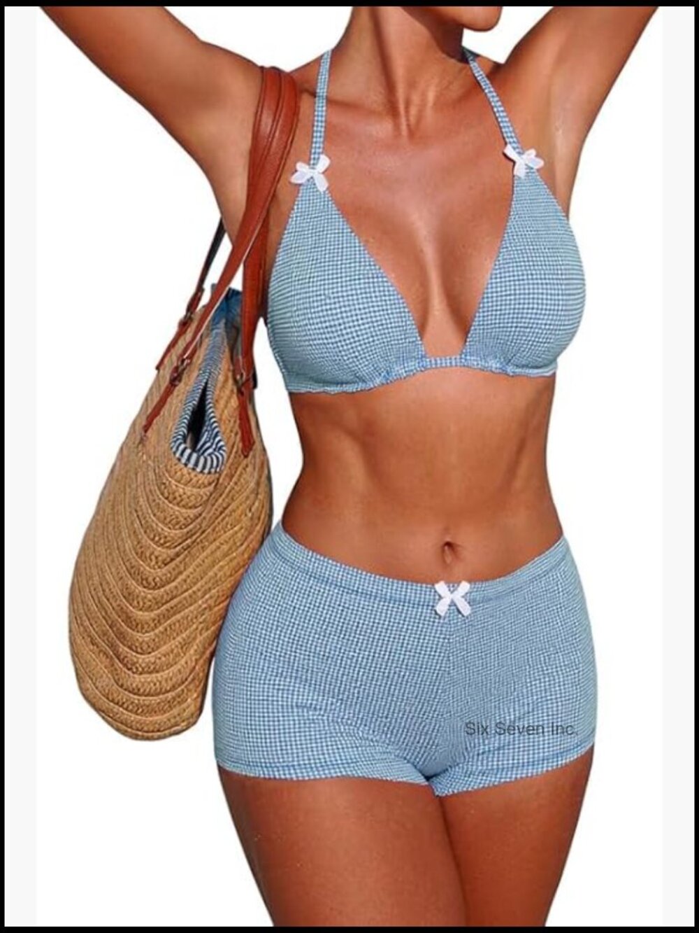 Gingham Knit Halter Triangle Bikini Top With Full Coverage Boyshort Bikini Set